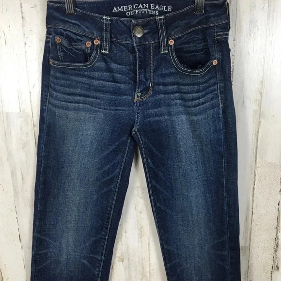 AEO Dark Wash Distressed Skinny Denim Jeans Blue - Picture 2 of 4